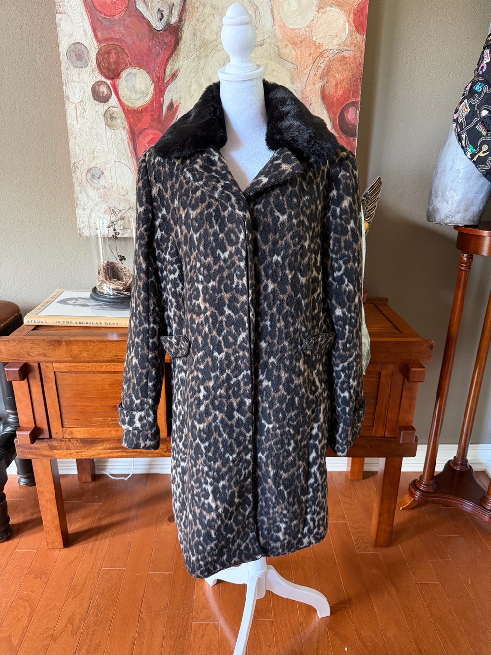 Merona Leopard Print Coat Faux Fur Collar Wool Blend Long Coat XL - Picture 2 of 8